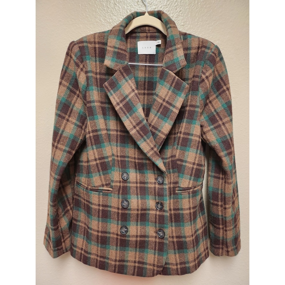 Lush Plaid Double Breasted Blazer Cedar Pine Wool Blend Brown Teal LT14027B-C S‎